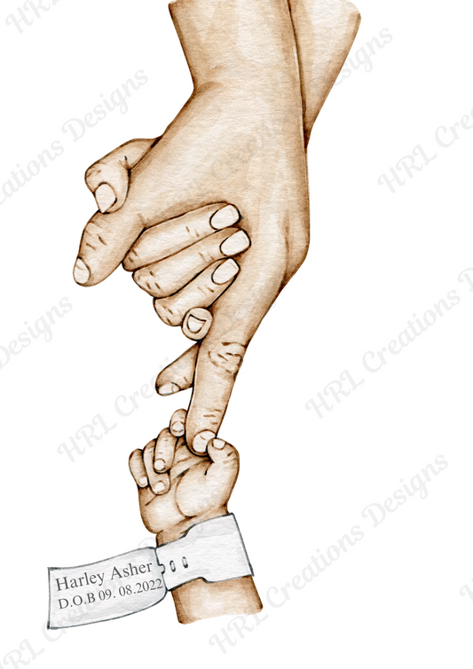 Parents Hands and Baby Hand with Hospital tag